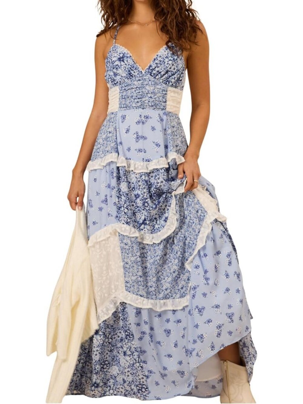 Lace Patchwork Floral Maxi Dress - Spaghetti Strap, Backless, Ruffle Tiered Boho